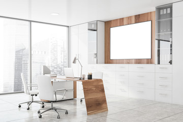 Fototapeta na wymiar White and wooden CEO office corner with poster