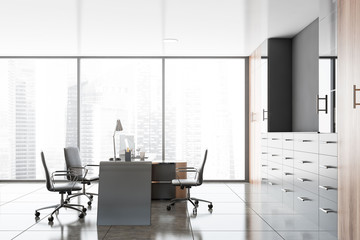 Panoramic gray and wooden CEO office interior
