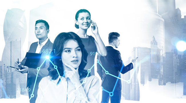 Diverse business team in city, financial chart