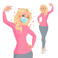 Pretty smiling young woman in protective mask taking selfie photo. Isolated vector illustration.