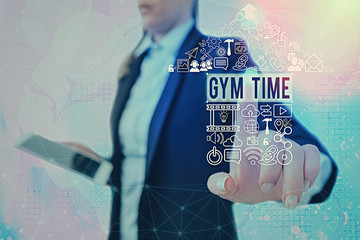 Conceptual hand writing showing Gym Time. Concept meaning a motivation to start working out making...