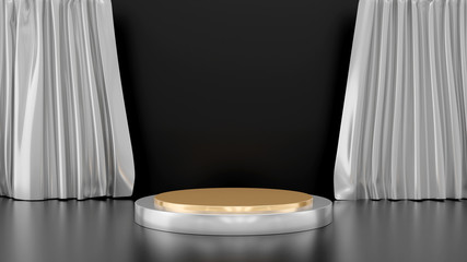 3d render of gold silver pedestal steps with curtain isolated on black background, golden circle stage, abstract minimal concept, blank space, simple clean design, luxury minimalist mockup