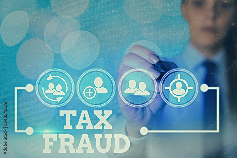 Aufkleber writing note showing tax fraud. business concept for entails cheating on a tax return in an attempt 