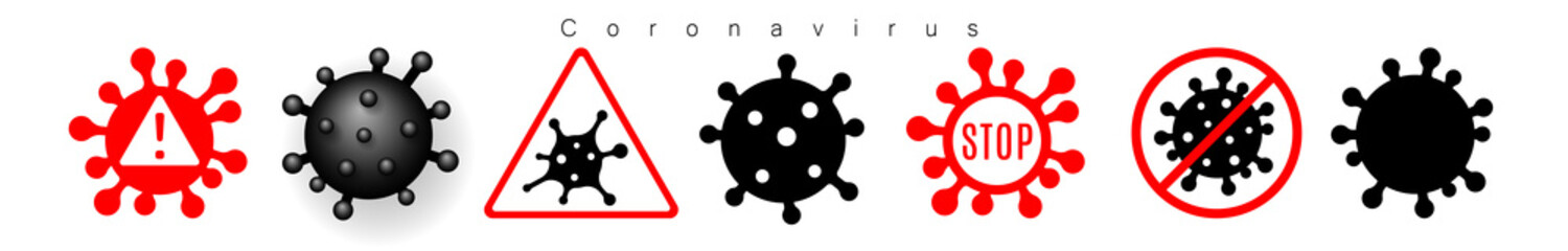 Coronavirus 2019-nCoV. Corona virus icons warning set. Signs isolated white background. Stop pathogen respiratory infection. Bacteria influenza pandemic Corona-virus prevention. Vector illustration