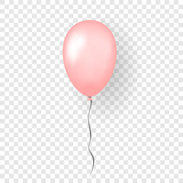 Pink balloon 3D, thread, isolated white transparent background. Color glossy flying baloon, ribbon, birthday celebrate, surprise. Helium ballon gift. Realistic design happy bday Vector illustration