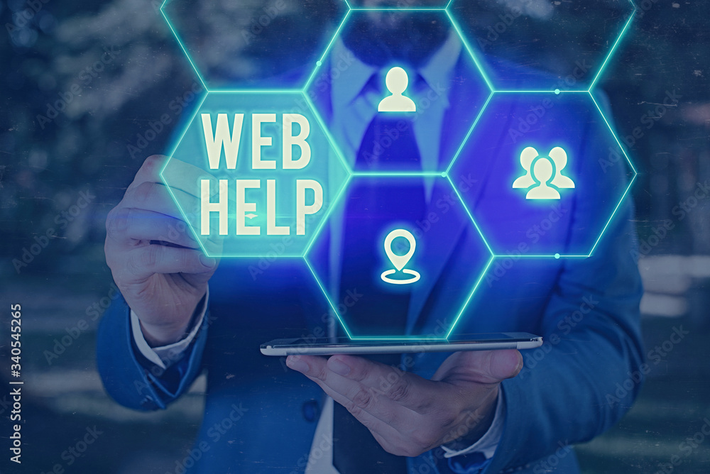 Aufkleber word writing text web help. business photo showcasing procedural or reference information delivered 