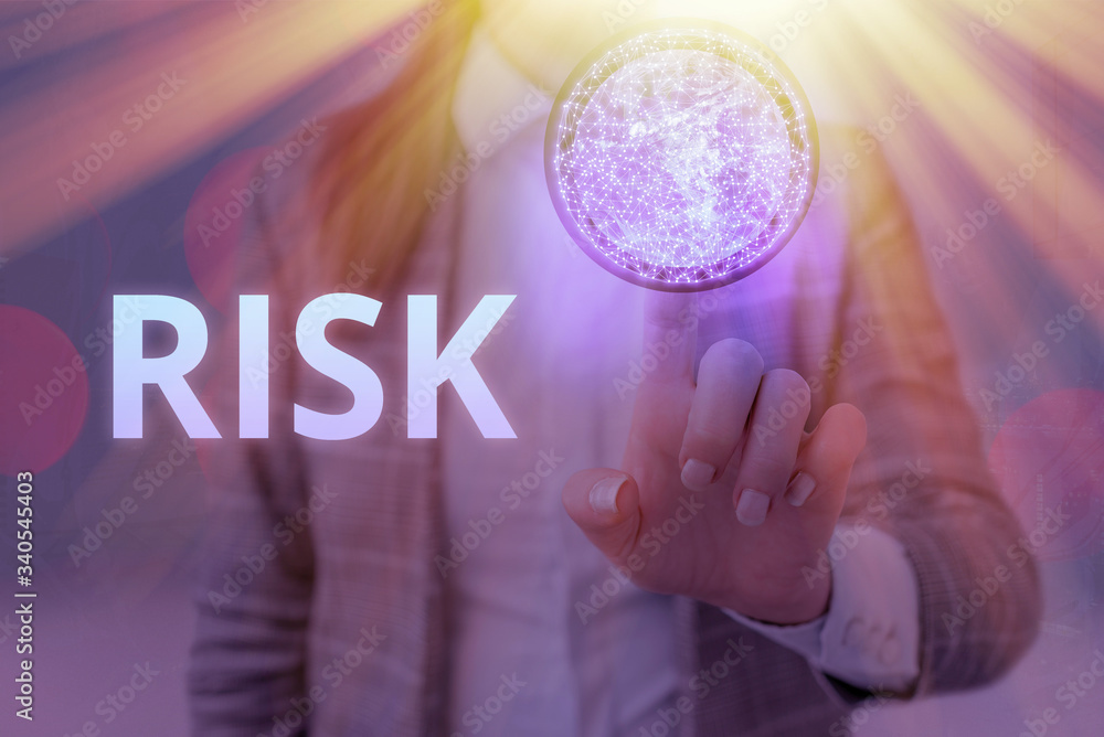 Poster writing note showing risk. business concept for possibility of losing something of value or threat o