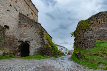Remains of an ancient fortress wall and tower in Kamenetz-Podolsk, Ukraine