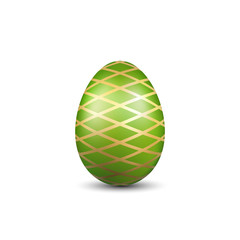 Easter egg 3D icon. Green gold egg, isolated white background. Bright realistic design, decoration for Happy Easter celebration. Holiday element. Shiny pattern. Spring symbol. Vector illustration