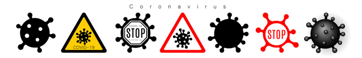 Coronavirus 2019-nCoV. Corona virus icons warning set. Signs isolated white background. Stop pathogen respiratory infection. Bacteria influenza pandemic Corona-virus prevention. Vector illustration