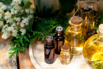 Assortment of natural oils in glass bottles on wooden background. Concept of pure organic ingredients in cosmetology. Atmosphere of harmony, relax, spa. Close up macro. Healthy lifestyle