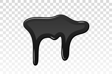 Drip paint 3D. Ink stain. Drop melt liquid isolated on white transparent background. Splash of chocolate, oil, blood. Black graffiti. Splatter syrup, candy sauce, caramel. Vector illustration