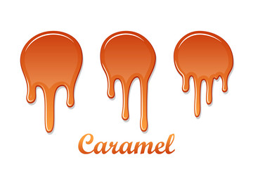 Caramel drop 3D set. Realistic caramel, melted sauce. Flow liquid isolated on white background. Orange splash toffee candy. Delicious food. Sweet tasty cream. Melt smooth syrup. Vector illustration