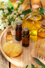 Assortment of natural oils in glass bottles on wooden background. Concept of pure organic ingredients in cosmetology. Atmosphere of harmony, relax, spa. Close up macro. Healthy lifestyle