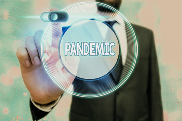 Conceptual hand writing showing Pandemic. Concept meaning occurring over a wide area affecting high...