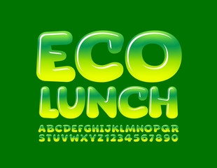 Vector trendy logo Eco Lunch. Glossy Green Font. Creative Alphabet Letters and Numbers.