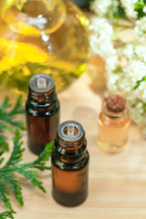 Assortment of natural oils in glass bottles on wooden background. Concept of pure organic ingredients in cosmetology. Atmosphere of harmony, relax, spa. Close up macro. Healthy lifestyle