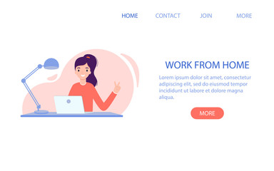 Fototapeta premium The page template of the website, the girl working from home. The concept of remote work, self-isolation during the coronavirus epidemic. Modern vector illustration.