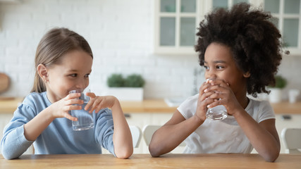 Happy little multiracial sisters sit at table in home kitchen drink pure mineral water, smiling...