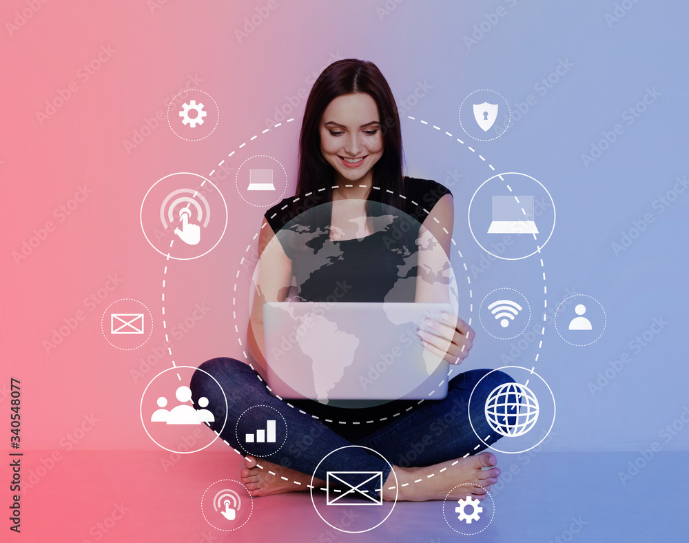 Poster woman using personal computer with flying network