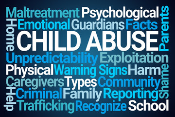 Child Abuse Word Cloud on Blue Background