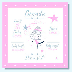 Beautiful babies posters with little girl, height, weight, date of birth. Vector Illustration newborn metric for children bedroom.