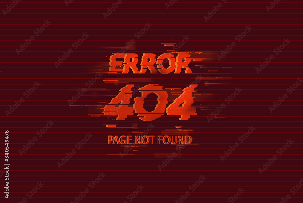 Poster 404 error page not found on red background, glitch effect