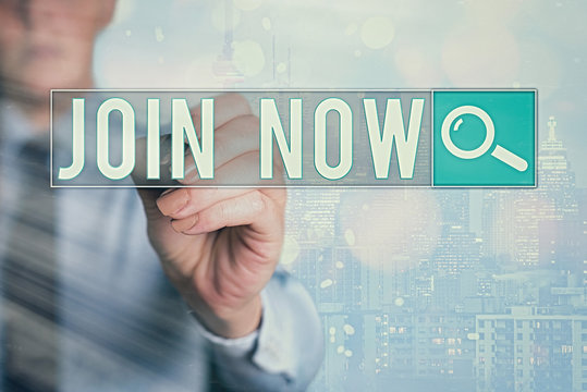 Word writing text Join Now. Business photo showcasing An invite to a demonstrating or a friend to become a member of the group