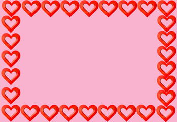 background with copy space . Rectangle with silk hearts on white background . 3d heart . Pink textile background with a border of red valentine hearts.