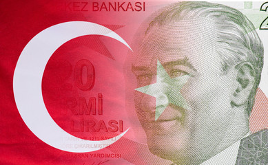 Close-up portrait of President Mustafa Kemal Ataturk, TL or 20 Turkish Lira banknotes