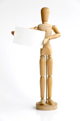 Wooden mannequin standing with blank sign protesting or begging because unemployed or marketing
