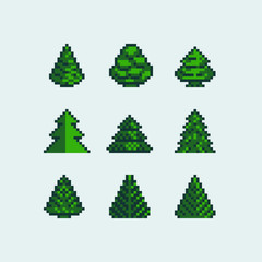 8bit fir-tree set, game assets. 1-bit sprite. Isolated abstract vector illustration.  Element design for stickers, embroidery, mobile app.
