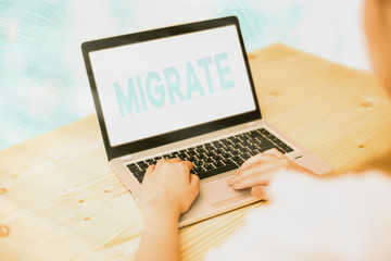 Conceptual hand writing showing Migrate. Concept meaning to move or travel from one country place...