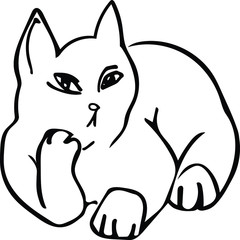 Hand drawn funny cat. Vector linear graphic black and white illustration. Stylized cartoon animal personage isolated
