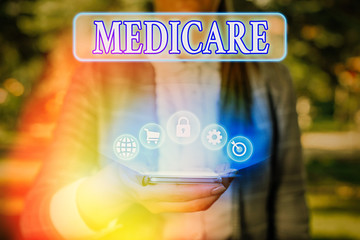 Text sign showing Medicare. Business photo text the federal government plan in US for paying...
