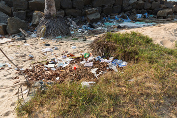 Mararikulam, Kerala - January 5, 2019: Plastic and trash on the beach in Marari Beach in Mararikulam kerala india