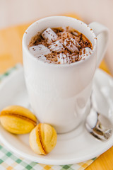 mug with cocoa, marshmallows and cinnamon with nuts with condensed milk