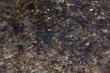 beautiful texture of a stream, a small river, colored wet stones shine through a layer of water,...