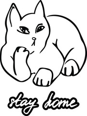 Vector illustration with a lying cat and inscription "stay home". Hand drawn motivation phrase for self isolation during quarantine. Black and white style
