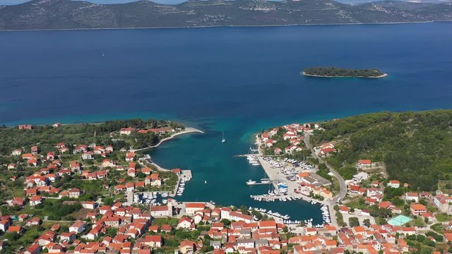 Old Beautiful Mediterranean Harbour Village Veli Iž on Island Iž in Adriatic Sea, Croatia - Aerial Drone Panoramic View