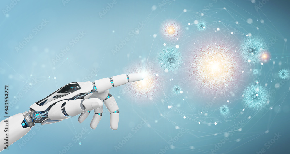 Poster Robot analyzing bacteria with digital holographic projection close-up 3D rendering