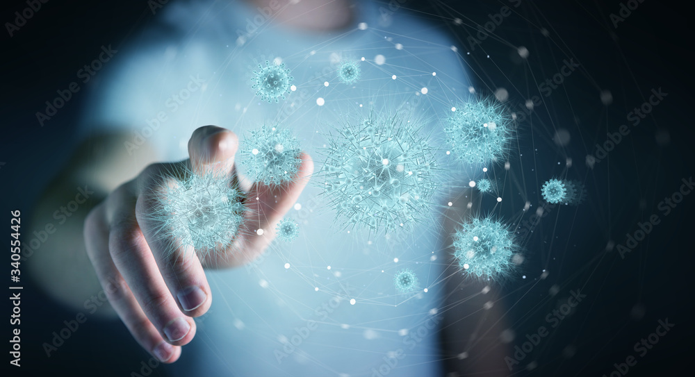 Poster Man analyzing coronavirus with digital holographic projection close-up 3D rendering