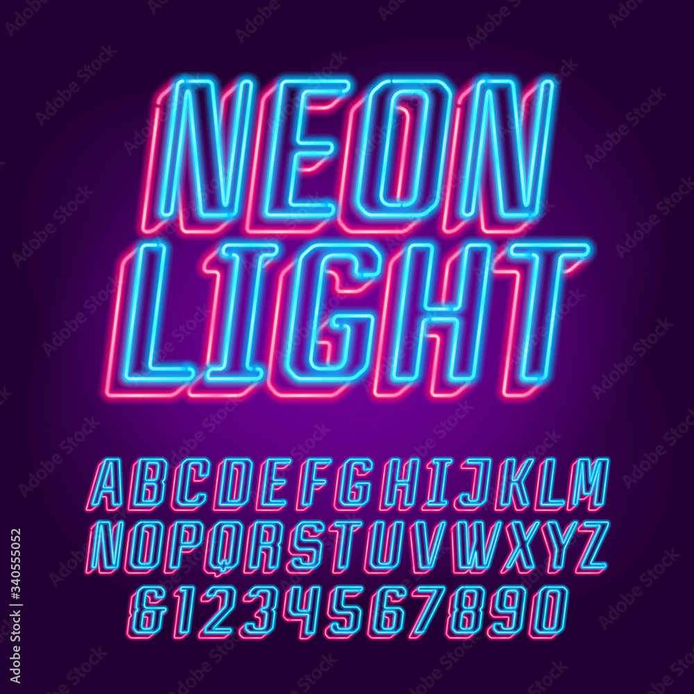 Fototapete neon alphabet font. 3d effect neon light uppercase letters and numbers. stock vector typeface for yo