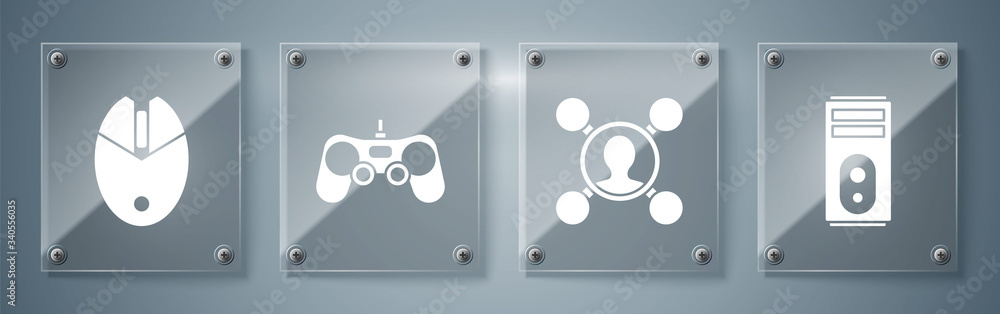 Poster set computer, share, gamepad and computer mouse gaming. square glass panels. vector