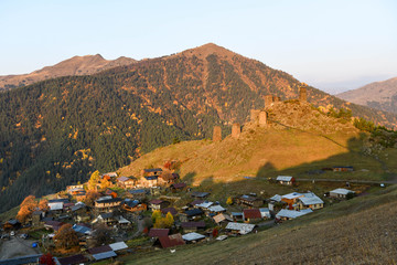 The old fort overlooks the village of upper Omalo at sunset