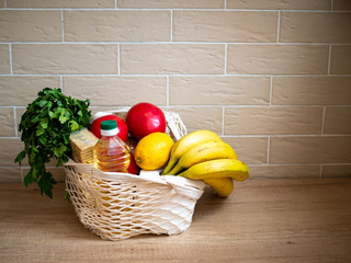 Shopping bag with goods, neighbourhood help concept at quarantine