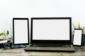 Laptop, mobile and tablet with blank screen for responsive design
