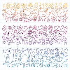 Pattern kids fabric, textile, nursery wallpaper. Vector illustration. Hand drawn singing birds and flowers for little children.