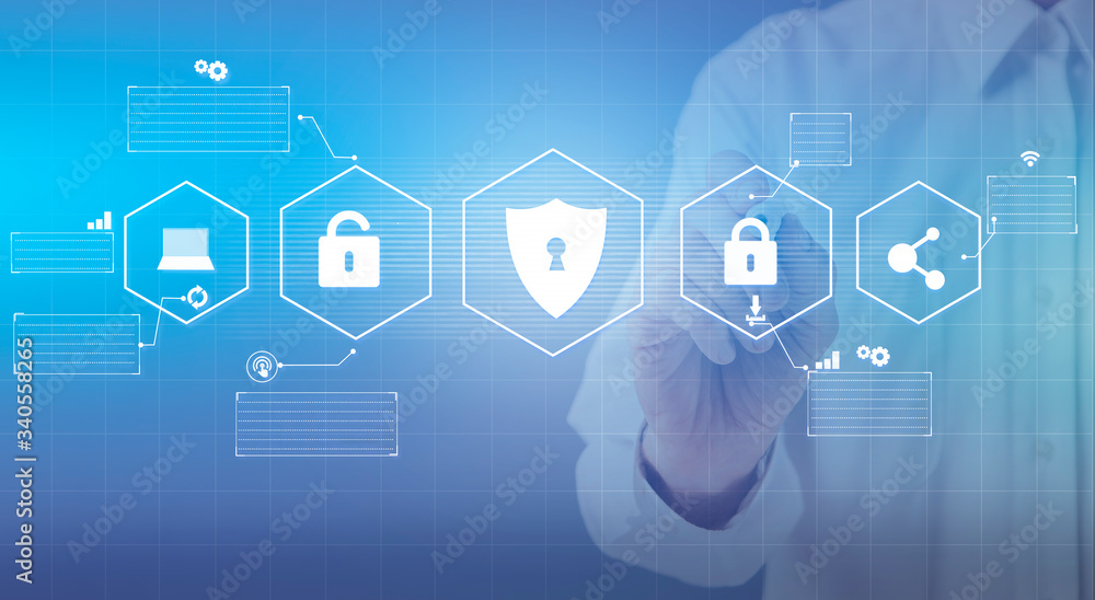 Poster Man pointing at virtual padlock with pen