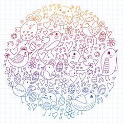 Naklejka premium Pattern kids fabric, textile, nursery wallpaper. Vector illustration. Hand drawn singing birds and flowers for little children.